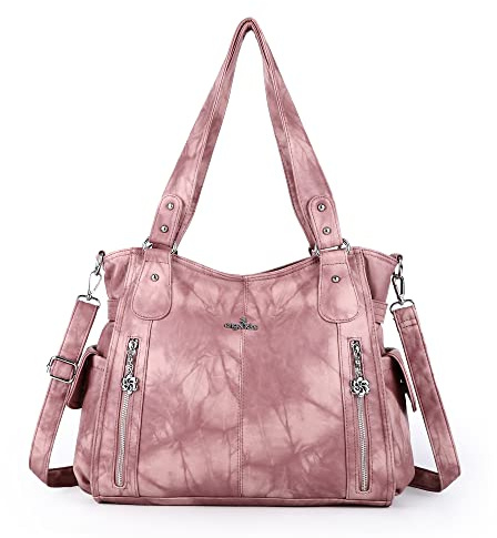 ZOCAI AngelKiss Handtasche Damen Schultertasche Multifunktionale Umhängetaschen Gewaschenes Veganes Leder Wasserdicht mit Reißver Schlusstaschen Reißverschlusstasche (Rosa 2)