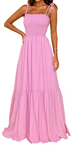 kinstell Abito Lungo Lungo da Donna, Estivo, Casual, Boho, Senza Maniche, con Spalline Sottili, Collo Quadrato e Volant, Linea a Trapezio, da Spiaggia, Rosa, S