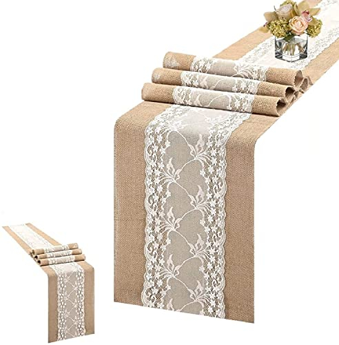 Jute Tischläufer Tischdecke Mit Weiß Spitze, Vintage Tischdeko Tischband Aus Natürliches Sackleinen, Rustic Burlap Juteband Tischdekoration Für Hochzeit Events Gartenparty (2 Stück / 30*275cm)