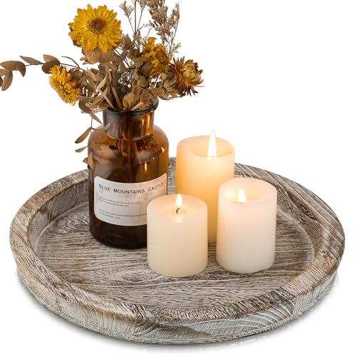 Hanobe Wooden Candle Holder Tray: Round Decorative Candle Plate Farmhouse Table Centerpiece Rustic Wood Tealight Pillar Trays for Christmas Wedding Halloween Home Decor