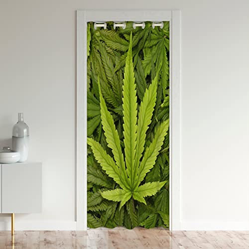 Loussiesd Marijuana Weed Vorhang Isolierter Wärmevorhang für Schlafzimmer Grün Cannabis Blätter Türvorhang 86x203cm Home Vorhang für Innentür Raumteiler 30%-50% Verdunkelungsvorhang