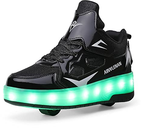 Sneakers för barn, tvåhjuliga skateboardskor, justerbart färgskiftande ljus, USB-laddning, universella för pojkar och flickor, svart, rosa, guld, silver, EU 27–40, 37 EU