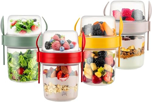 Seveston 4PCs Yogurt Pots 1100ml Reusable overnight oats jar with lid On The Go Breakfast Cereal Storage Containers snack pots for Fruit Cereal Milk Porridge Set of 4 (Red, Pink, Grey, Yellow)