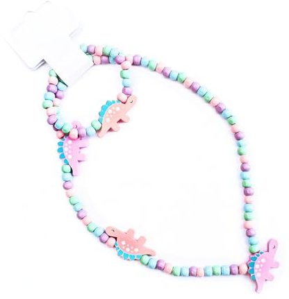 Children's stretch wooden pastel beaded necklace and matching bracelet set with dinosaur charms.