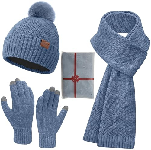 Yutdeng 3 in 1 Knit Hat Scarf and Gloves Set Winter Fleece Lined Warm Thermal Beanie Hat for Women with Pom Pom Touchscreen Gloves Knitted Long Scarf Neck Warmer Bobble Hat Cozy Cold Weather Set
