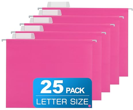 25 Packs Hanging File Folders Pink,Letter Size 8.5x11,Hanging File Folders with 1/5-cut Tabs,File Folders for Filing Cabinet with Tabs,Designed for Bulky Files,Ideal Office,School Classroom