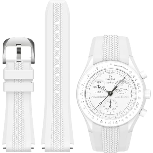 REBANDACE Silicone Strap for Omega X Swatch Speedmaster Moonswatch Watch, 20mm, Curved Strap for Swatch Omega Men Women (White)