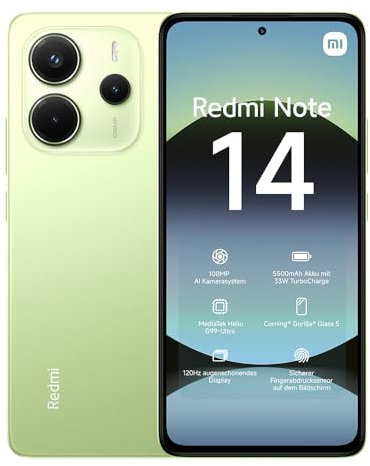 Xiaomi Redmi Note 14 smartphone, 8+256GB, green, 108MP AI camera system, 5500mAh battery, 120Hz eye-care display, AI features (no charger included), 2 year Warranty