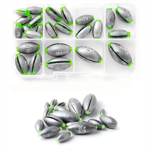 Beatyarmy 25 Pcs Elliptical Sea Fishing Weights with Plastic Core, Drop Bass Weights Sinker Kit 8 Sizes, Casting Fishing Oval Sinkers,for Carp, River, Saltwater, Freshwater