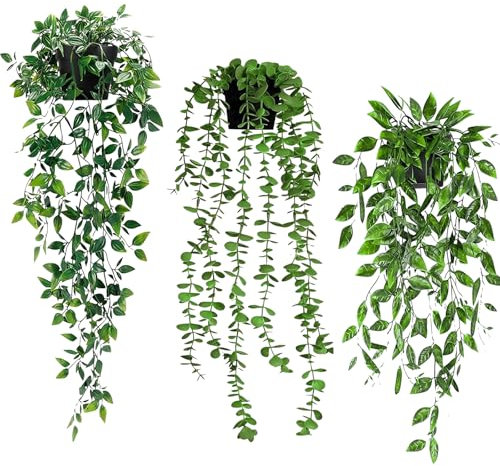 RUACDIQ 3 Stück Künstliche Hängepflanzen, kunstpflanze, Hängepflanzen mit Töpfen, künstliche Pflanzen, Plastikpflanzen Rebe Grünpflanze, Fake Plant für Balkon Büro Garten Party Wand Deko