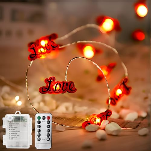 Catena luminosa a LED da 300 cm con 30 lampadine rosse a forma di cuore, luci rosse Love Ambiance, filo argentato impermeabile IP64, funzionamento a batteria, luci lucciole con telecomando/timer/8