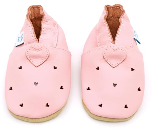 Dotty Fish Scarpe in Pelle Morbide per Bambini e Toddler – Piedi Nudi, Antiscivolo, Leggere e Flessibili, Caviglie Elastiche – Unisex Bambini e Bambine – Cuori Rosa 12-18 Mesi