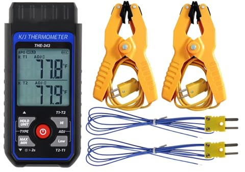 Digitales Thermoelement-Thermometer HVAC-Temperaturmessgerät mit 2 Temperaturklemmen und 2 kabelgebundenen Thermoelement-Sonden, zweikanalig mit Alarm und ADJ-Kompensation (-328 bis 2500 °F)