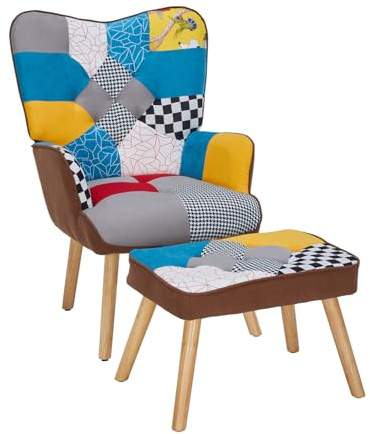 Warmiehomy Patchwork Armchair with Footstool Velvet Accent Chair Wing Back Occasional Chair High Back Armchairs with Footstool and Pillow for Living Room Bedroom Lounge Office Reception (Multicolour)