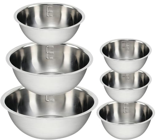 NBOUOU 6 Pcs Stainless Steel Mixing Bowl Set Microwave & Dishwasher Safe, Mixing Bowls for Baking with Measurement Markers Multipurpose Soup Basin, Cooking Food Storage 0.5L× 2,0.8L,1.55L,2.1L,2.6L