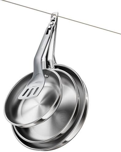 Stainless Steel Frying Pan - Clean Stack Design, Stainless Steel Pan Set 3pc (20/24/28 cm) with Spatula, Stay‑Flat Induction Pans, Oven Safe, All Cooktops, Best Cooking Pan Set for Home Chefs