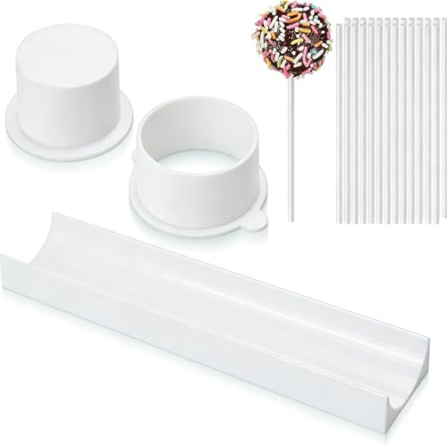 Círculo Cake Pop Moldes Set Cake Pops Maker, molde de pan de jengibre con 20 palitos de papel para postres de chocolate caseros, bodas (blanco)