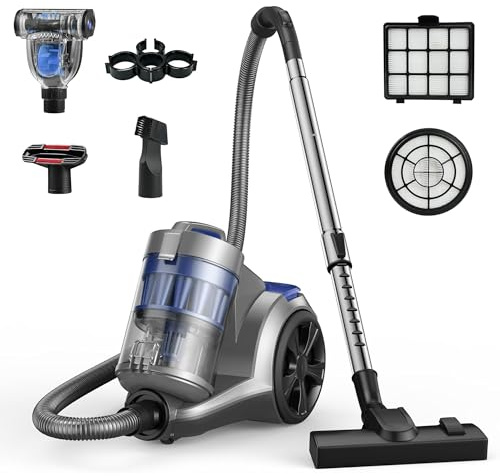 Aspiron 1700W Canister Vacuum Cleaner, 45Kpa Bagless Vacuum Cleaner, Multi-Cyclonic Filtration, 2 Anti-Allergen HEPA Filters, 3.5QT Dust Cup, 4 Tools, Corded Vacuum for Hard Floor, Pet Hair, Sapphire
