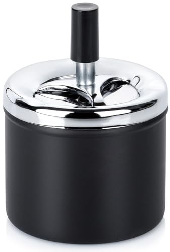 Vilde Posacenere girevole – Ø 9,5 x 13 cm – Posacenere con coperchio e pulsante – Antiodore e antivento – In metallo nero/argento – per terrazza, balcone, ristorazione e casa