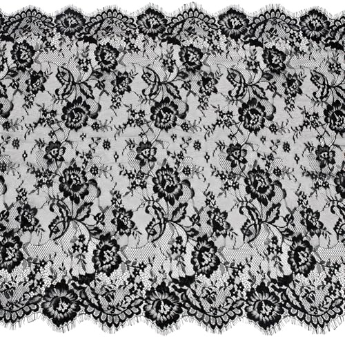 PH PandaHall 3.2m x 75cm Tessuto di Pizzo Nero Tessuti Pizzo Ricamato Floreale, Tessuto Tulle con Fiori Vintage per Cucito Abiti da Sposa Matrimonio Vestito Creazione Festa Decorazione Arte