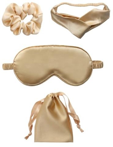 COOPHYA Lot de 4 Set de Set de Pièces Patch de Couchage en Soie Artificielle Dorée Bandeau Élastique et Paquet de Rangement pour Soulager la Fatigue Oculaire et Favoriser le Sommeil