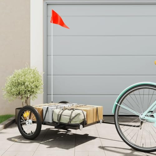 QUAHEAS Rimorchio per bicicletta nero in ferro, 126 x 63 x 34 cm, con timone e bandiera di sicurezza, robusto per carichi fino a 45 kg, ideale per il trasporto, all'aperto, shopping e gite in