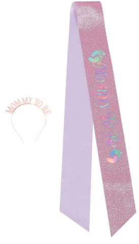 Lurrose 1 Ensemble Diadème et Écharpe Future Maman : Ensemble Empreintes de Pieds à Paillettes Roses, Couronne de Grossesse Scintillante pour Annonce de Grossesse ou Révélation du Sexe du Bébé