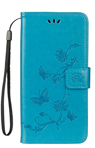 Samsung Galaxy J6 Phone Case 2018, PU Leather Flip Notebook Wallet Case Embossed Lotus Butterfly with Stand Card Holder ID Slot Folio TPU Bumper Protective Skin Cover for Samsung Galaxy J6 Blue