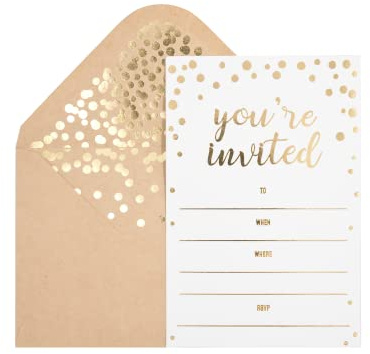 50 Pack Invitation Card - Elegant Greeting Cards ‘’You are Invited’’ in Gold Foil Letters – for Wedding, Bridal Shower, Baby Shower, Birthday Invitations - 52 Kraft Envelopes Included - 4 x 6
