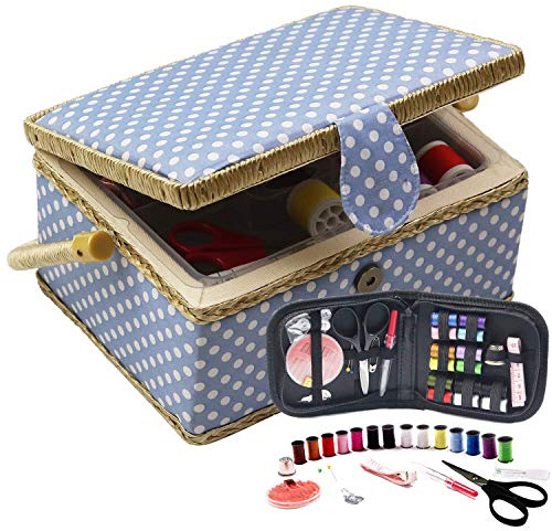 D&D Sewing Basket with Sewing Kit, Sewing Box Organizer with Accessories, Sewing Supplies Storage with Sewing Tools Set (Blue, Medium)