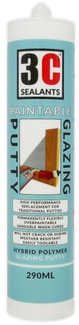 3C Sealants Paintable Glazing Putty 290ml White - Hybrid MS Polymer Window Sealant, Sandable & Overpaintable, UV & Moisture Resistant, Replaces Traditional Putty for Wood, Metal & Glass Frames
