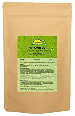 Vitamin B2 (Riboflavin), Pulver, Pharmaqualität (Ph. Eur.), ohne Zusätze, vegan, 50 g Pulver ohne Zusatzstoffe im umweltfreundlichen Beutel aus Kraftpapier, Bonemis®