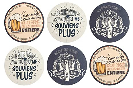Dessous de Verre/sous bocks (Lot de 6) en Carton absorbants | Messages Originaux | Fabriqué en France | Ustensiles pour Bar et vins