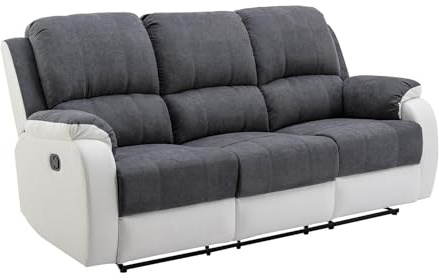 Vente-unique-Divano 3 posti relax in Microfibra e Similpelle Grigio e Bianco - BRODY