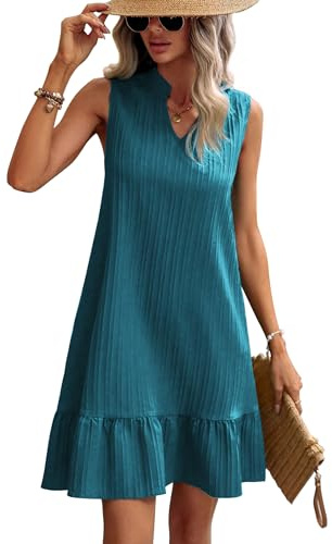 Zeagoo Femmes Robes d'été sans Manches Col en V Décontracté Plage Robes Mini à Volants Robe Elegant Couleur Unie Débardeur Robe