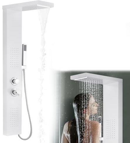 FIVMEN Système de douche multifonction 4 fonctions en acier inoxydable 304 avec douche à effet pluie, douchette à main, douche de massage, douche cascade, colonne de douche intérieur/extérieure, blanc