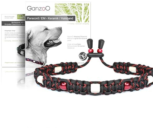 Ganzoo EM Keramik Hunde-Halsband/Paracord 550 Halsband mit Zier-Perlen und EM Tubes/EM Pipes/Größe XS 26-32 cm/Dog Collar/verstellbar mit Kordelstopper/Farbe Carbon