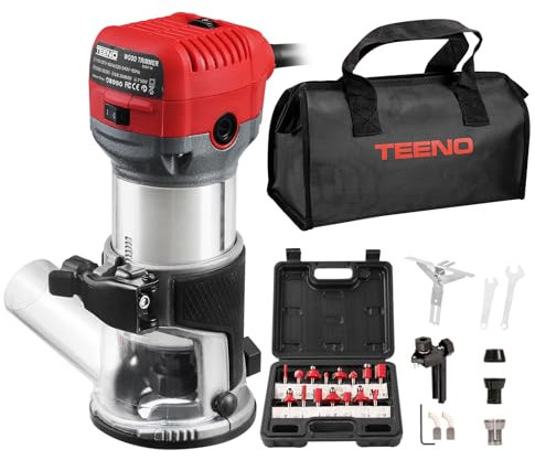 TEENO Fresadora De Madera Rebajadora Eléctrica 710W 13000-33000 RPM CON EXTRACTOR DE POLVO,15 piezas 1/4'' Alicates, 6 Velocidades Variables, Pinza De Base Fija De 6/6.35/8MM,Con Bolsa de lona