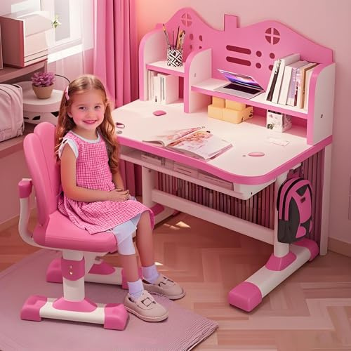 ilkqeppe Kids Desk and Chair Set, Children's Desks, Girls Desk for Kids Bedroom, Height Adjustable Kids Study Table and Chair Set with Drawer