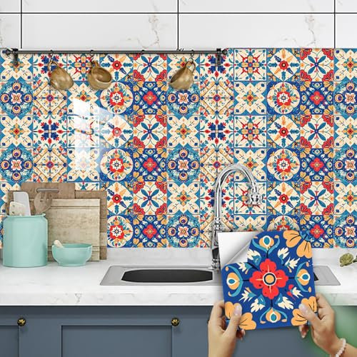 Kitchen Tile Stickers 20x20cm Blue and Red Stick on Tiles Tile Stickers for Bathroom Stick on Wall Tiles Backsplash for Kitchen Stick on Tiles Self-Adhesive Vinyl Home Decoration （10 Pieces）