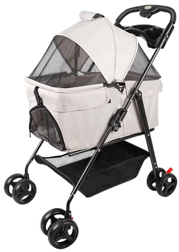 3-en-1 Poussette pour Chien Chat avec Panier de Rangement,Les petits et chiens âgés,Roues avec freins à 360°,Panier xxl,3 fenêtres,Porte-gobelet,Chariot pour chien-50 * 65 * 99cm - Gris