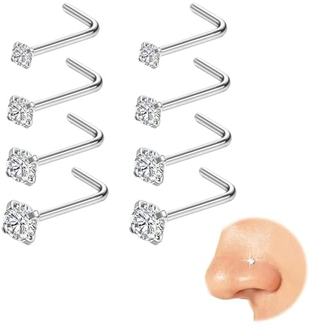 Kabwea 8 pièces de piercing nasal en forme de 7, tiges de 1,5 mm à 3 mm, acier chirurgical 316L, argenté