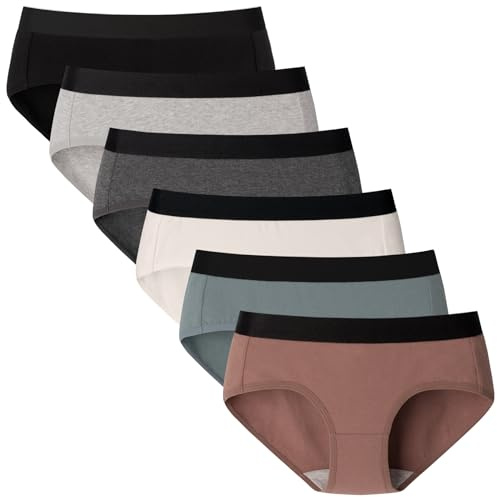 POPKOK Womens Underwear Cotton Hipster Panties With Soft Wide Waistband 6 Pack(Medium, Base Color With Black Waistband)