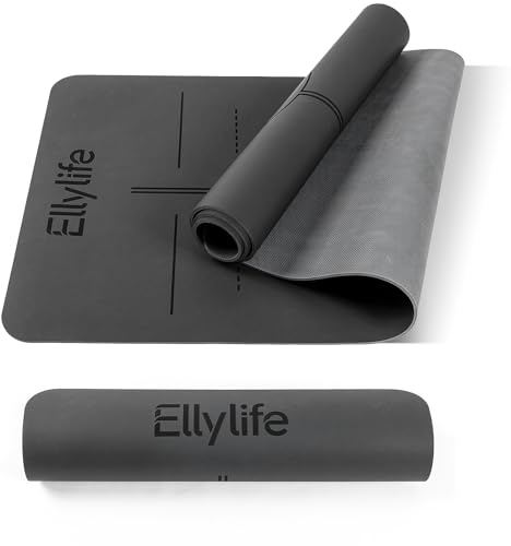 Ellylife yoga mat thick 5mm Non-Tearable Exercise Mat, Rubber and Eco PU with Alignment Lines, Non Slip, with Free Carry Strap for Pilates, Sit-Ups, Stretching, Gymnastics, Meditation