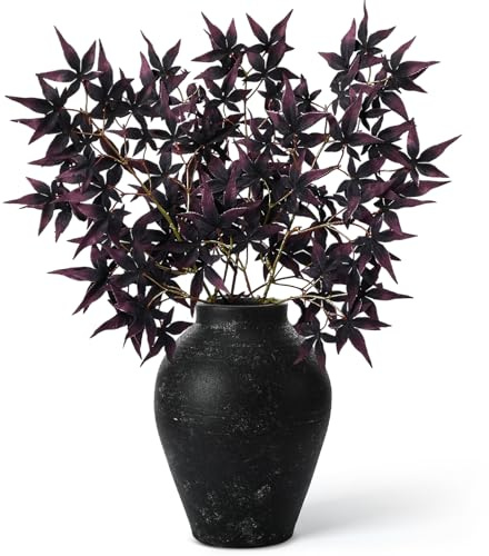 Janinka 29 Fall Artificial Japanese Maple Leaves Stem Fake Fall Maple Leaves Stem Autumn Faux Bushes for Vase Farmhouse Table Centerpiece Halloween Thanksgiving Decor 3 Pcs(Black Currant)