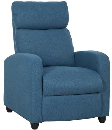 HOMCOM Poltrona Reclinabile Manualmente con Poggiapiedi, Poltrona Relax Imbottita in Tessuto Effetto Lino e Acciaio per Camera da Letto, Salotto e Soggiorno, Blu