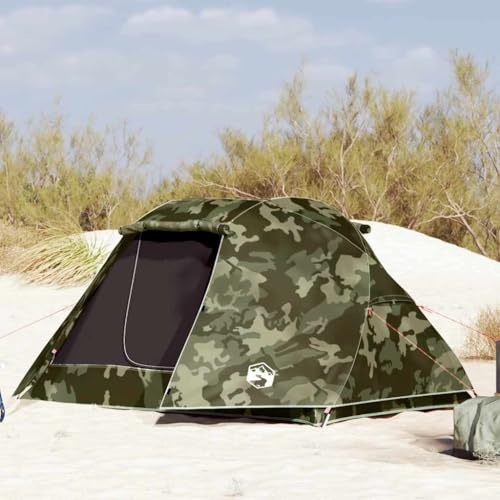 Tienda de Pesca para 3 Personas, Material Poliéster 185T Impermeable, Diseño Camuflaje con Puerto E, Tienda de Campaña Familiar, Tenda Campismo, Color Camuflaje, 312x216x114 cm