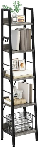 YITAHOME Schmal Bücherregal mit 5 Ebenen 35 cm Breit, Industrielles Leiterregal Standregal Holzregale und Metallrahmen, Modernes Regal für Wohnzimmer, Graues