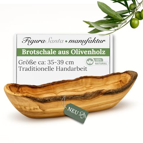 Figura Santa Olivenholz Brotschale- Handgefertigte Holzschale mit glattem Rand, rustikale Schüssel für Brot, Snacks & Antipasti, nachhaltige mediterrane Tischdekoration(35-39 cm)