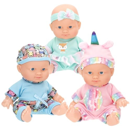 COLORBABY Colorbaby's Set 3 muñecos bebé, miden 20 cm, Cuerpo rígido, Articulado, Incluyen Ropa, con Gorro o Diadema, Juego simbólico para niñas y niños, Desde 2 años (39342)